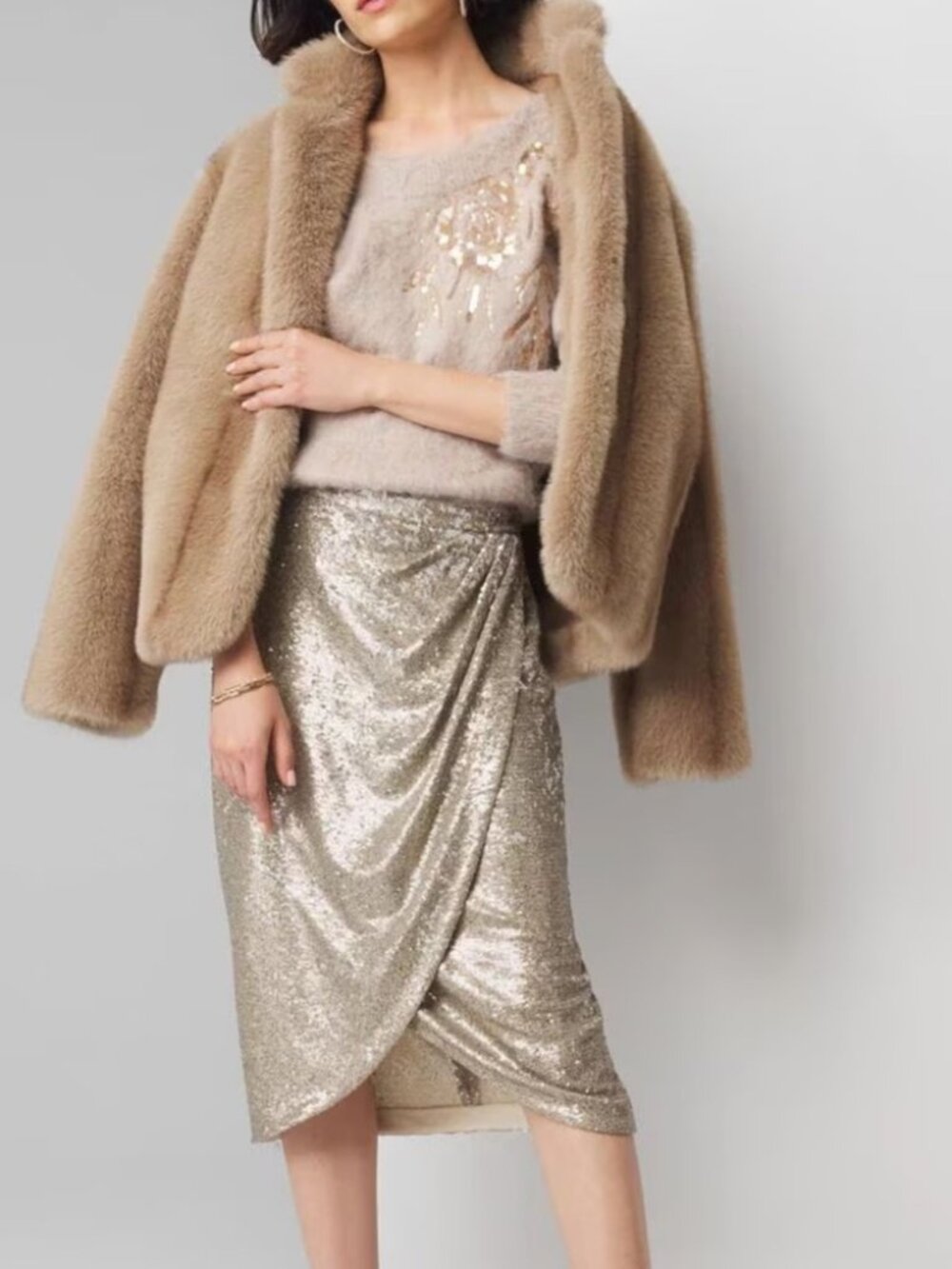 White House Black Market Champagne Sequin Wrap Skirt Size 6 NWOT